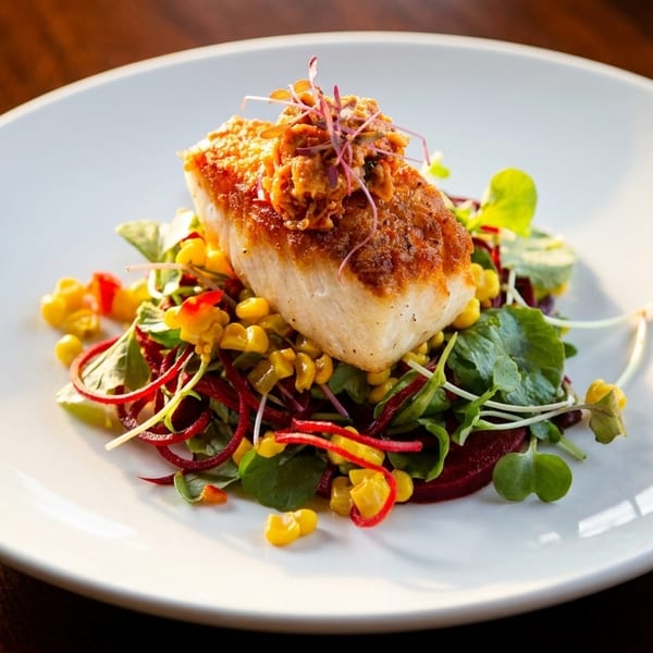 Pan-seared fish fillet with corn, beet spirals, and microgreens on a white plate.