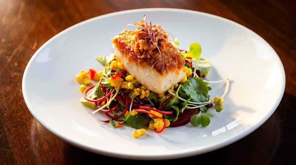 Pan-seared fish fillet with corn, beet spirals, and microgreens on a white plate.