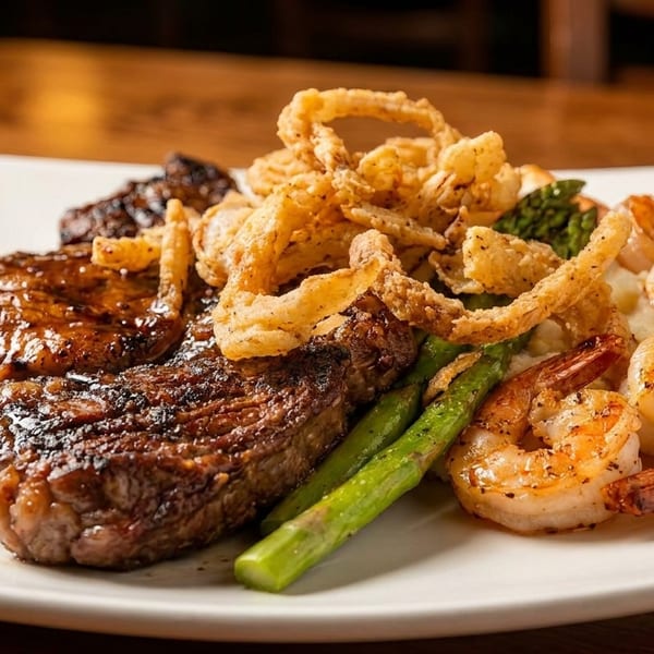 Grilled steak, fried onion rings, asparagus, and shrimp on a white rectangular plate.