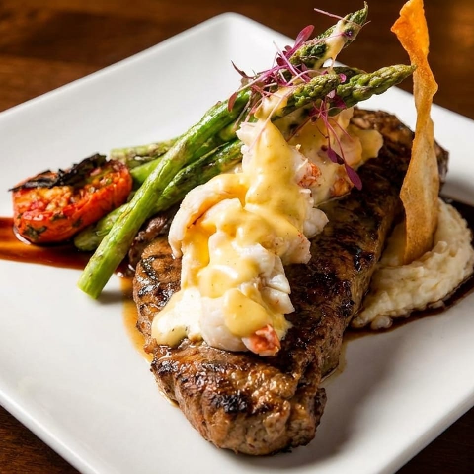 Grilled steak topped with lobster and hollandaise, served with asparagus, tomato, and mashed potatoes.