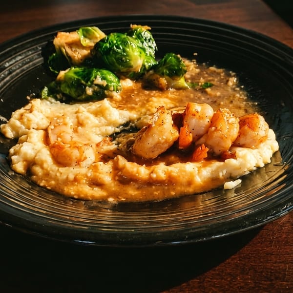 Shrimp and grits with gravy and Brussels sprouts on a black plate.