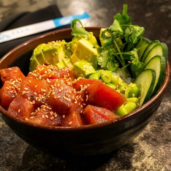 A vibrant poke bowl with tuna, avocado, edamame, cucumber, and cilantro on a dark table.