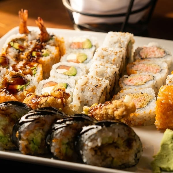 A large white platter filled with various colorful sushi rolls, ginger, and wasabi.