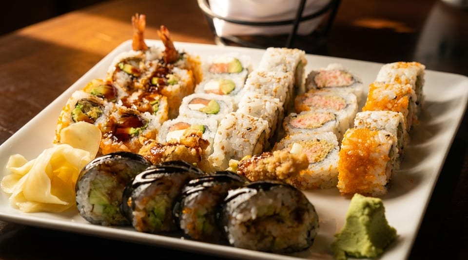 A large white platter filled with various colorful sushi rolls, ginger, and wasabi.